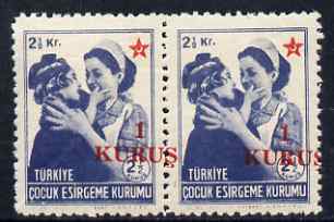 Turkey 1952 Postal Tax 1k on 2.5k Red Crescent horiz pair with surch misplaced, fine unmounted mint but light gum creases, stamps on , stamps on  stamps on red cross, stamps on  stamps on medical