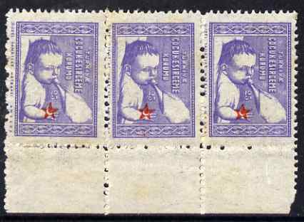 Turkey 1943 Postal Tax 25k Red Crescent vert strip of 3 with red misplaced 8mm fine mounted mint SG T1344, stamps on red cross, stamps on medical