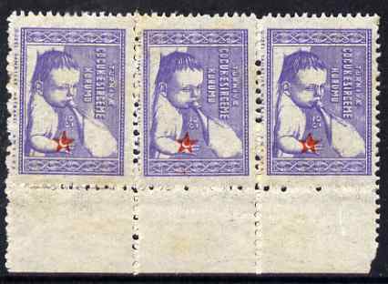 Turkey 1943 Postal Tax 25k Red Crescent vert strip of 3 with red misplaced 8mm fine mounted mint SG T1344, stamps on , stamps on  stamps on red cross, stamps on  stamps on medical