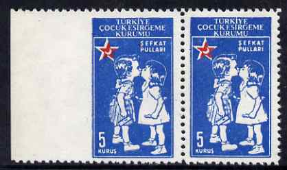 Turkey 1957 Postal Tax 5k Red Crescent marginal pair imperf between stamp and margin unmounted mint, stamps on , stamps on  stamps on red cross, stamps on  stamps on medical