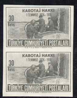 Turkey 1951 Coastal Trading 30k imperf pair unmounted mint, as SG 1459, stamps on ships, stamps on scuba