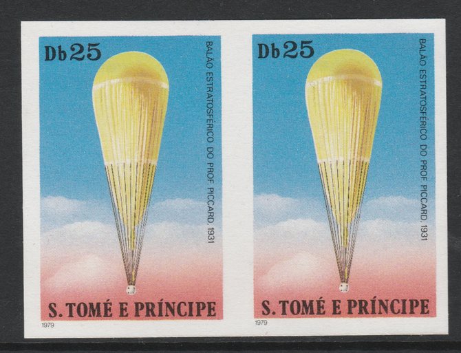 St Thomas & Prince Islands 1980 Balloons 25Db (Prof Piccard) imperforate pair on ungummed paper (ex archive proof sheet), stamps on , stamps on  stamps on aviation    balloons