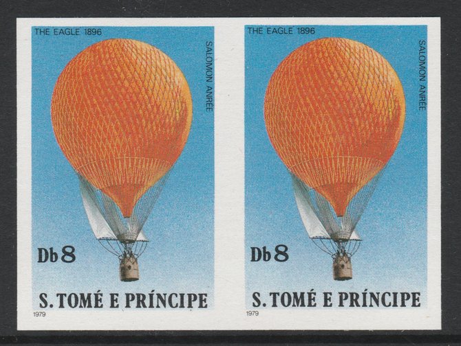 St Thomas & Prince Islands 1980 Balloons 8Db (Anr8Ee's Eagle) imperforate pair on ungummed paper (ex archive proof sheet), stamps on , stamps on  stamps on aviation    balloons