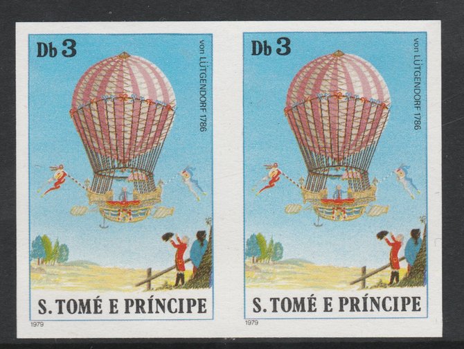 St Thomas & Prince Islands 1980 Balloons 3Db (Von L9Ftgendorf) imperforate pair on ungummed paper (ex archive proof sheet), stamps on , stamps on  stamps on aviation    balloons