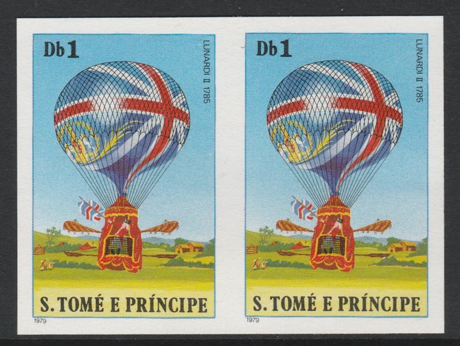 St Thomas & Prince Islands 1980 Balloons 1Db (Lunardi II) imperforate pair on ungummed paper (ex archive proof sheet), stamps on , stamps on  stamps on aviation    balloons