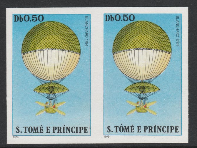 St Thomas & Prince Islands 1980 Balloons 0.5Db (Blanchard) imperforate pair on ungummed paper (ex archive proof sheet), stamps on , stamps on  stamps on aviation    balloons