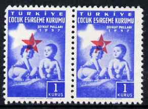 Turkey 1959 Postal Tax 1k Red Crescent horiz pair with red misplaced 5mm, unmounted mint, stamps on , stamps on  stamps on red cross, stamps on  stamps on medical