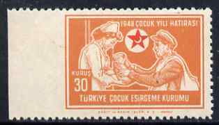 Turkey 1948 Postal Tax Child Welfare 30k marginal single imperf between stamp & margin unmounted mint, as SG T1404, stamps on red cross, stamps on medical, stamps on nurses, stamps on children