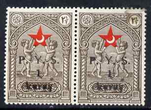 Turkey 1938 Postal Tax 1k on 2.5k horiz pair with surch both sides, sl adhesion on one stamp otherwise unmounted mint, as SG T1216, stamps on red cross, stamps on medical, stamps on children