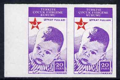 Turkey 1942 Postal Tax Childen Welfare 20pa imperf marginal pair unmounted mint, stamps on red cross, stamps on medical, stamps on children