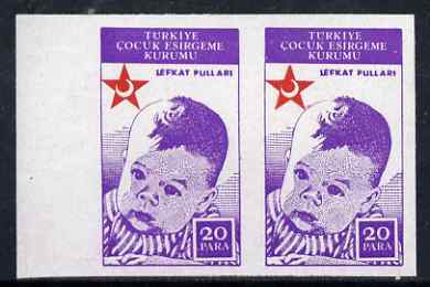 Turkey 1942 Postal Tax Childen' Welfare 20pa imperf marginal pair unmounted mint, diag crease affects one, stamps on , stamps on  stamps on red cross, stamps on  stamps on medical, stamps on  stamps on children