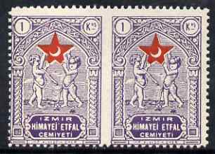 Turkey 1933 Postal Tax 1k horiz pair imperf between unmounted mint, as SG T1160, stamps on , stamps on  stamps on red cross, stamps on  stamps on medical, stamps on  stamps on children