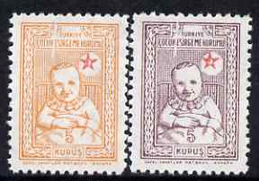 Turkey 1943-44 Postal Tax 5k, the two colours each with large white line flaw both unused (no gum), as SG T1340-41, stamps on , stamps on  stamps on red cross, stamps on  stamps on medical, stamps on  stamps on children