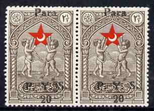Turkey 1938 Postal Tax 20pa on 2.5k horiz pair with surcharge misplaced plus off-set, unmounted mint, as SG T1215, stamps on , stamps on  stamps on red cross, stamps on  stamps on medical, stamps on  stamps on children