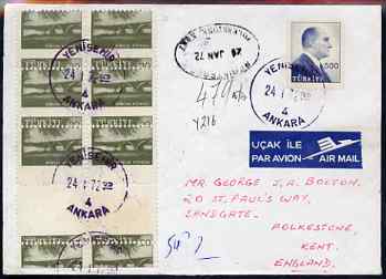 Turkey 1972 cover to UK bearing 1959-60 Euphrates Bridge 20k gutter block of 8 with 6.5mm shift of horiz perfs, as SG 1857, stamps on bridges