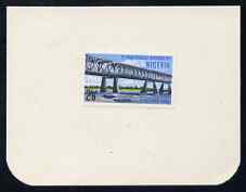 Nigeria 1968 Third Anniversary of Republic 2s6d (LABEL - Niger Bridge) imperf machine proof mounted on small card as submitted for approval, stamps on bridges