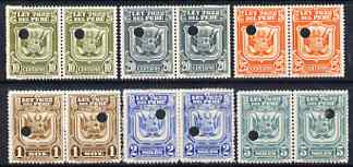 Peru 1934 Essay proof pairs for 10c, 20c, 25c, 1s, 2s & 5s in various colours (inscribed LEY 7622) each with Waterlow & Sons security puncture, with gum but some with adh..., stamps on 