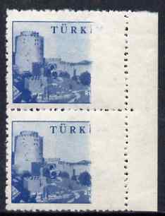 Turkey 1959 Fortress 40k def marginal vert pair with 40% of design mising at right including the value, top stamp mounted, stamps on forts, stamps on 