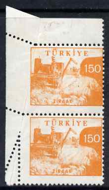 Turkey 1959 Combine Harvester 150k vert pair with paper fold resulting in crazy perfs, fine mounted mint, stamps on , stamps on  stamps on farming, stamps on  stamps on tractor