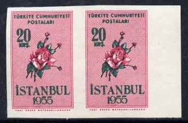 Turkey 1955 Flowers 20k marginal pair imperf, unmounted mint, stamps on flowers