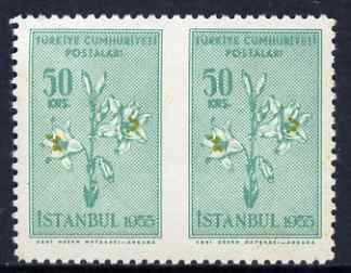 Turkey 1955 Flowers 50k horiz pair imperf between, unmounted mint, stamps on flowers