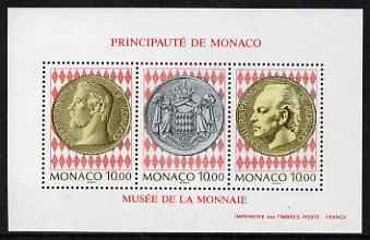 Monaco 1994 Stamp & Coin Museum perf m/sheet unmounted mint, SG 2197, stamps on coins, stamps on museums, stamps on postal