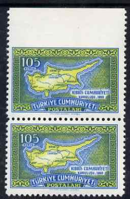 Turkey 1960 Cyprus 105k marginal pair imperf between stamp & margin, unmounted mint SG1908, stamps on maps