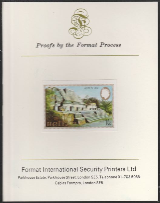 Belize 1983 Maya Monuments 10c Altun Ha imperf proof mounted on Format International proof card, as SG 747, stamps on xxx