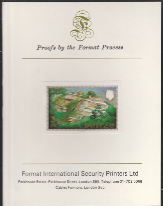 Belize 1983 Maya Monuments 75c Cerros imperf proof mounted on Format International proof card, as SG 749, stamps on xxx