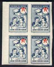 Turkey 1949 Postal Tax - Nurse & Children 1k block of 4 IMPERF unmounted mint, light wrinkles, stamps on , stamps on  stamps on medical, stamps on  stamps on red cross, stamps on  stamps on nurses