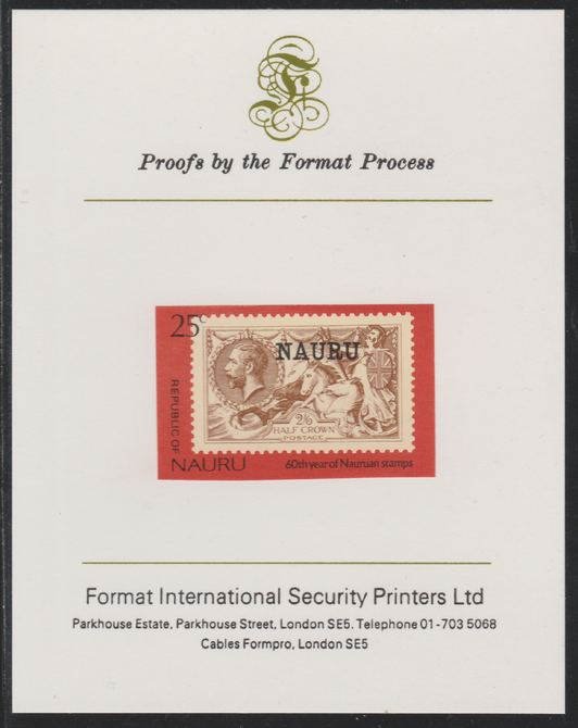 Nauru 1976 Stamp Anniversaries - 15c GB 2s6d Seahorse overprinted - imperf mounted on Format International Proof Card, as SG149, stamps on stamp-on-stamp.stampon, stamps on 