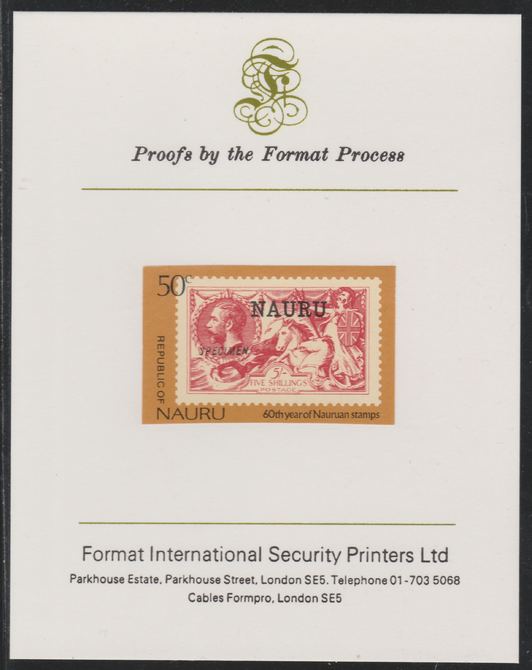 Nauru 1976 Stamp Anniversaries - 15c GB 5s Seahorse overprinted - imperf mounted on Format International Proof Card, as SG150, stamps on stamp-on-stamp.stampon, stamps on 