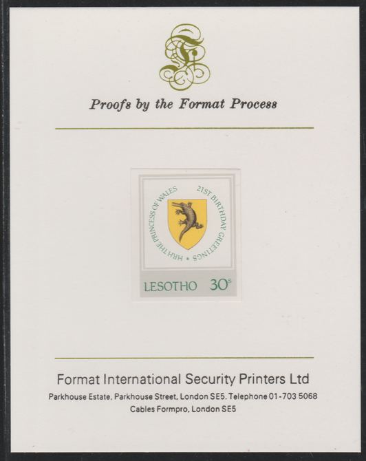 Lesotho 1982 Princess Diana's 21st Birthday 30c imperf mounted on Format International Proof Card, as SG514, stamps on royalty, stamps on diana