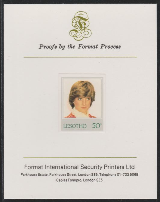 Lesotho 1982 Princess Diana's 21st Birthday 50c imperf mounted on Format International Proof Card, as SG515, stamps on , stamps on  stamps on royalty, stamps on  stamps on diana