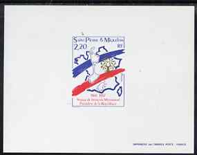 St Pierre & Miquelon 1987 Visit of Pres Mitterrand Epreuve deluxe proof sheet in issued colours unmounted mint, SG 590, stamps on personalities, stamps on constitutions, stamps on maps