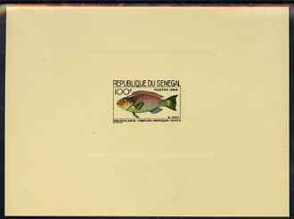 Senegal 1966 Parrot Fish 100f de-luxe die proof in issued colours on pink sunken card, as SG 326, stamps on fish