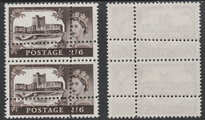 Great Britain 1963 Castles (Multiple Crown wmk) 2s6d vertical pair with perforations doubled (stamps are quartered) an attractive and interesting modern forgery, unmounted mint. Note: the stamps are genuine but the additional perfs are a slightly different gauge identifying it to be a forgery., stamps on , stamps on  stamps on castles