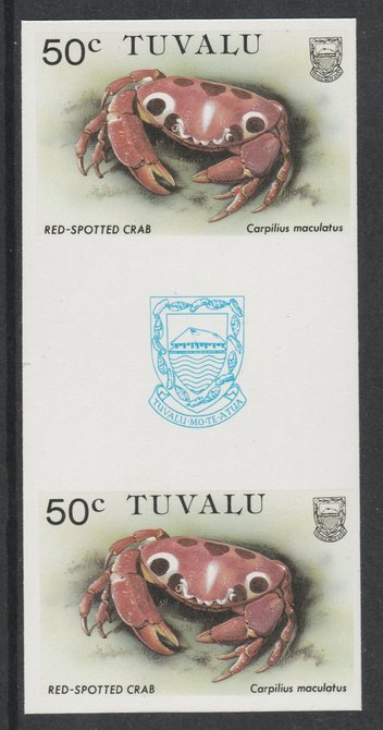 Tuvalu 1986 Crabs 50c (Red Spotted Crab) imperf gutter pair unmounted mint from uncut proof sheet, as SG 374. Note: The design withing the gutter varies across the sheet, therefore, the one you receive  may differ from that shown in the illustration., stamps on , stamps on  stamps on crabs, stamps on  stamps on marine-life