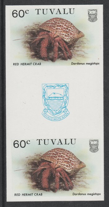 Tuvalu 1986 Crabs 60c (Red Hermit Crab) imperf gutter pair unmounted mint from uncut proof sheet, as SG 375. Note: The design withing the gutter varies across the sheet, ..., stamps on crabs, stamps on marine-life