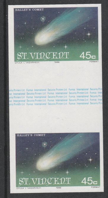 St Vincent 1986 Halley's Comet 45c (Comet) imperf gutter pair unmounted mint from uncut proof sheet, as SG 973. Note: The design withing the gutter varies across the sheet, therefore, the one you receive  may differ from that shown in the illustration., stamps on , stamps on  stamps on space, stamps on  stamps on halley