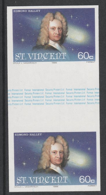 St Vincent 1986 Halley's Comet 60c (Edmond Halley) imperf gutter pair unmounted mint from uncut proof sheet, as SG 974. Note: The design withing the gutter varies across the sheet, therefore, the one you receive  may differ from that shown in the illustration., stamps on , stamps on  stamps on space, stamps on  stamps on halley