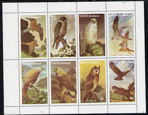 Staffa 1977 Birds of Prey #01 perf  set of 8 values unmounted mint (1.5p to 40p), stamps on , stamps on  stamps on birds, stamps on  stamps on birds of prey, stamps on  stamps on kestrel, stamps on  stamps on hobby, stamps on  stamps on harrier, stamps on  stamps on kite, stamps on  stamps on buzzard, stamps on  stamps on owls, stamps on  stamps on falcon