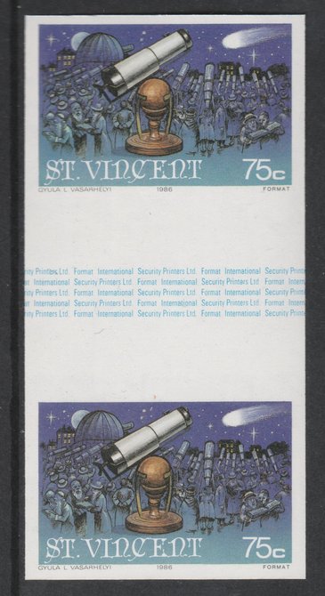 St Vincent 1986 Halleys Comet 75c (Newtons Telescope) imperf gutter pair unmounted mint from uncut proof sheet, as SG 975. Note: The design withing the gutter varies acro..., stamps on space, stamps on halley