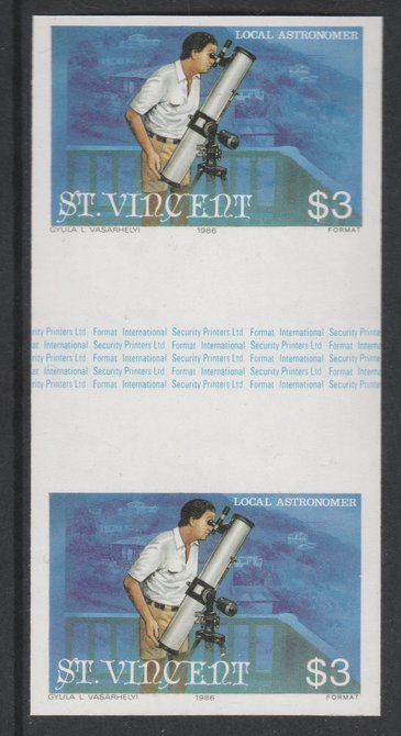 St Vincent 1986 Halley's Comet $3 (Amateur Astronomer with Telescope) imperf gutter pair unmounted mint from uncut proof sheet, as SG 976. Note: The design withing the gutter varies across the sheet, therefore, the one you receive  may differ from that shown in the illustration., stamps on , stamps on  stamps on space, stamps on  stamps on halley