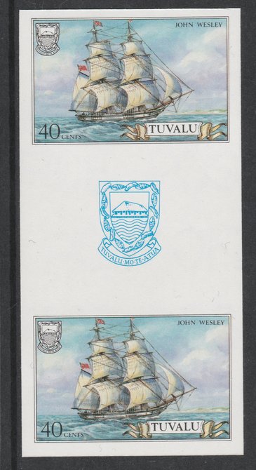 Tuvalu 1986 Ships #3 Brig John Wesley 40c imperf gutter pair unmounted mint from uncut proof sheet, as SG 378. Note: The design withing the gutter varies across the sheet, therefore, the one you receive  may differ from that shown in the illustration., stamps on , stamps on  stamps on ships, stamps on  stamps on peace