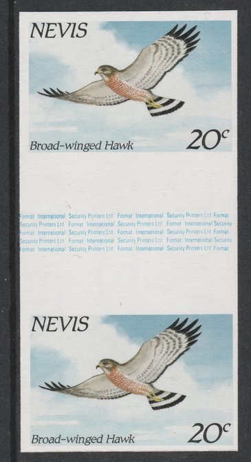 Nevis 1985 Hawks & Herons 20c (Broad Winged Hawk) imperf gutter pair unmounted mint from uncut proof sheet, as SG 265. Note: The design withing the gutter varies across the sheet, therefore, the one you receive  may differ from that shown in the illustration., stamps on birds, stamps on birds of prey