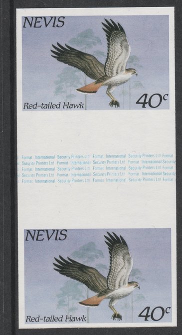 Nevis 1985 Hawks & Herons 40c (Red Tailed Hawk) imperf gutter pair unmounted mint from uncut proof sheet, as SG 266. Note: The design withing the gutter varies across the..., stamps on birds, stamps on birds of prey