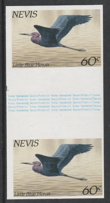 Nevis 1985 Hawks & Herons 60c (Little Blue Heron) imperf gutter pair unmounted mint from uncut proof sheet, as SG 267. Note: The design withing the gutter varies across the sheet, therefore, the one you receive  may differ from that shown in the illustration., stamps on , stamps on  stamps on birds, stamps on  stamps on birds of prey