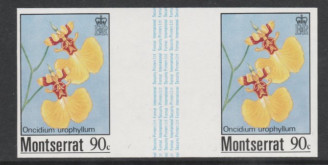 Montserrat 1985 Orchids 90c (Oncidium urophyllum) imperf gutter pair unmounted mint from uncut proof sheet, as SG 631. Note: The design withing the gutter varies across the sheet, therefore, the one you receive  may differ from that shown in the illustration., stamps on , stamps on  stamps on flowers, stamps on  stamps on orchids