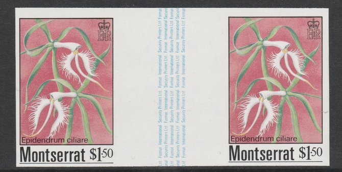 Montserrat 1985 Orchids $1.50 (Eppidendrum ciliare) imperf gutter pair unmounted mint from uncut proof sheet, as SG 633. Note: The design withing the gutter varies across..., stamps on flowers, stamps on orchids